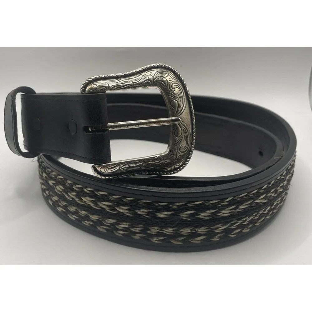 Ranger Belt Company Hand Tooled Black Leather Western Belt Men's Size 44 Braided
